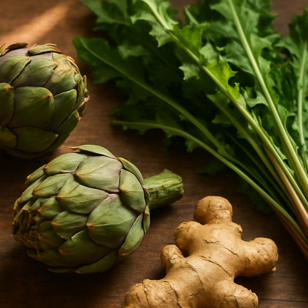 Artichokes, ginger and dandelion leaves on a wood table