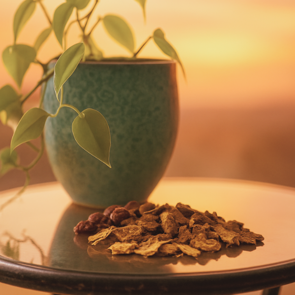 Dehydrated mushrooms piled on a glass table top.  A green plant in an aqua pot sit behind the pile.  It is dusk.