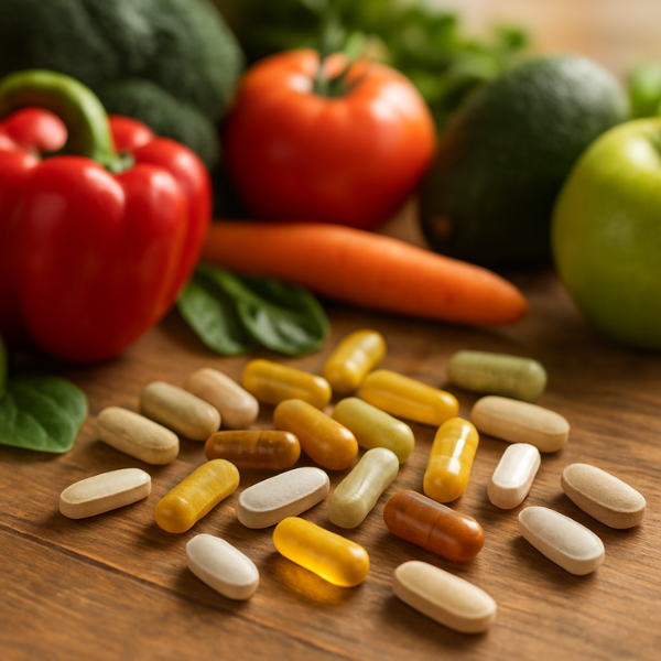 Capsules and pills loose on a wood table with fresh vegetables in the background.