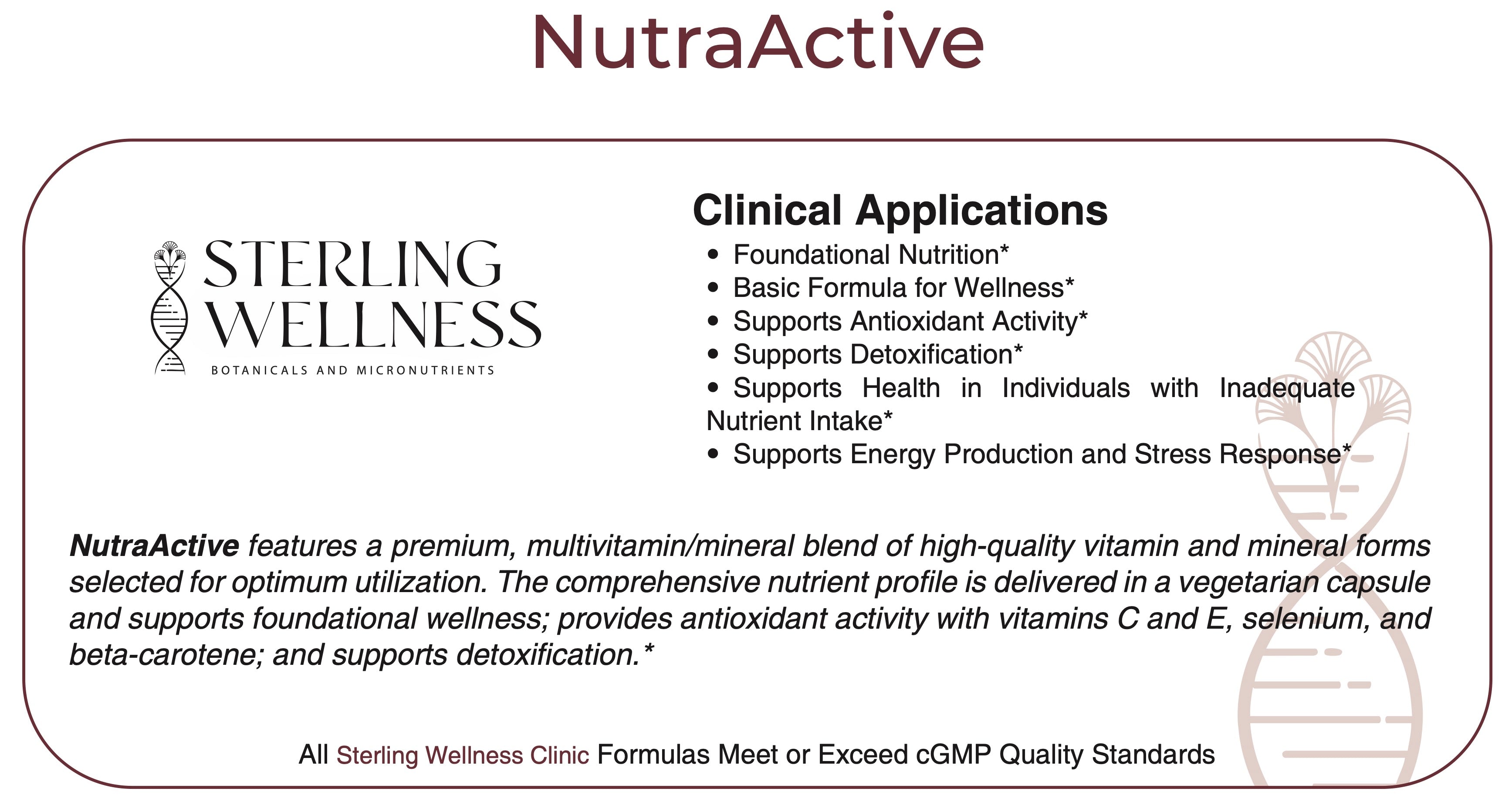 NutraActive label with Sterling Wellness branding and clinical applications listed.