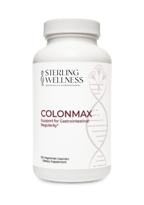 Supplement bottle labeled 'Colonmax' by Sterling Wellness on a white background