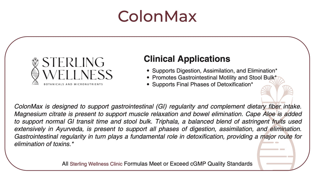 Sterling Wellness ColonMax supplement label with clinical applications and product details.