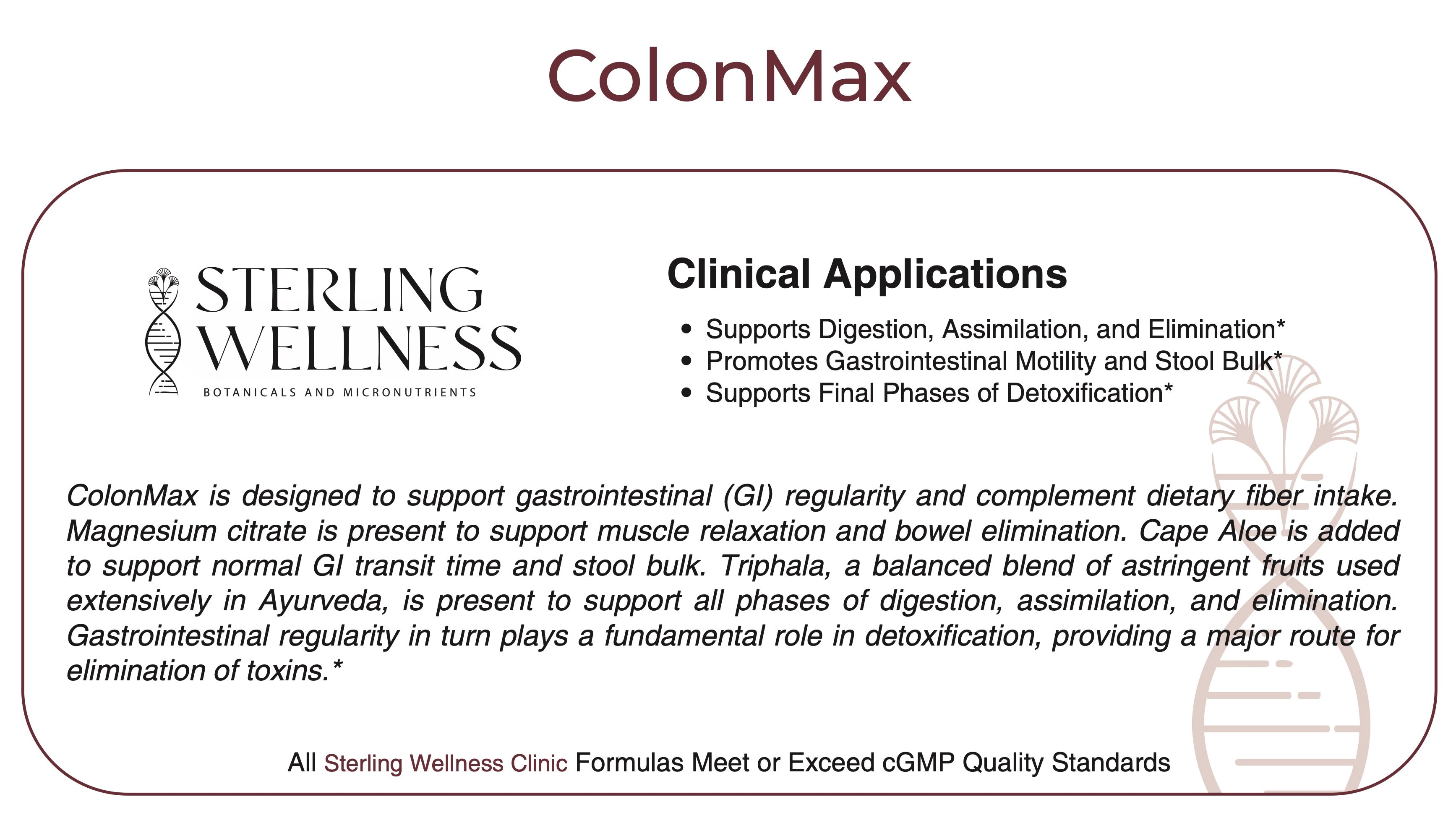 Sterling Wellness ColonMax supplement label with clinical applications and product details.