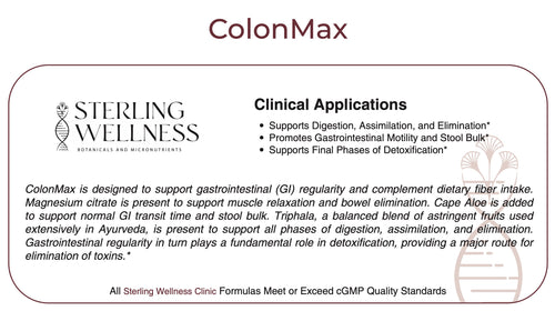 Sterling Wellness ColonMax supplement label with clinical applications and product details.