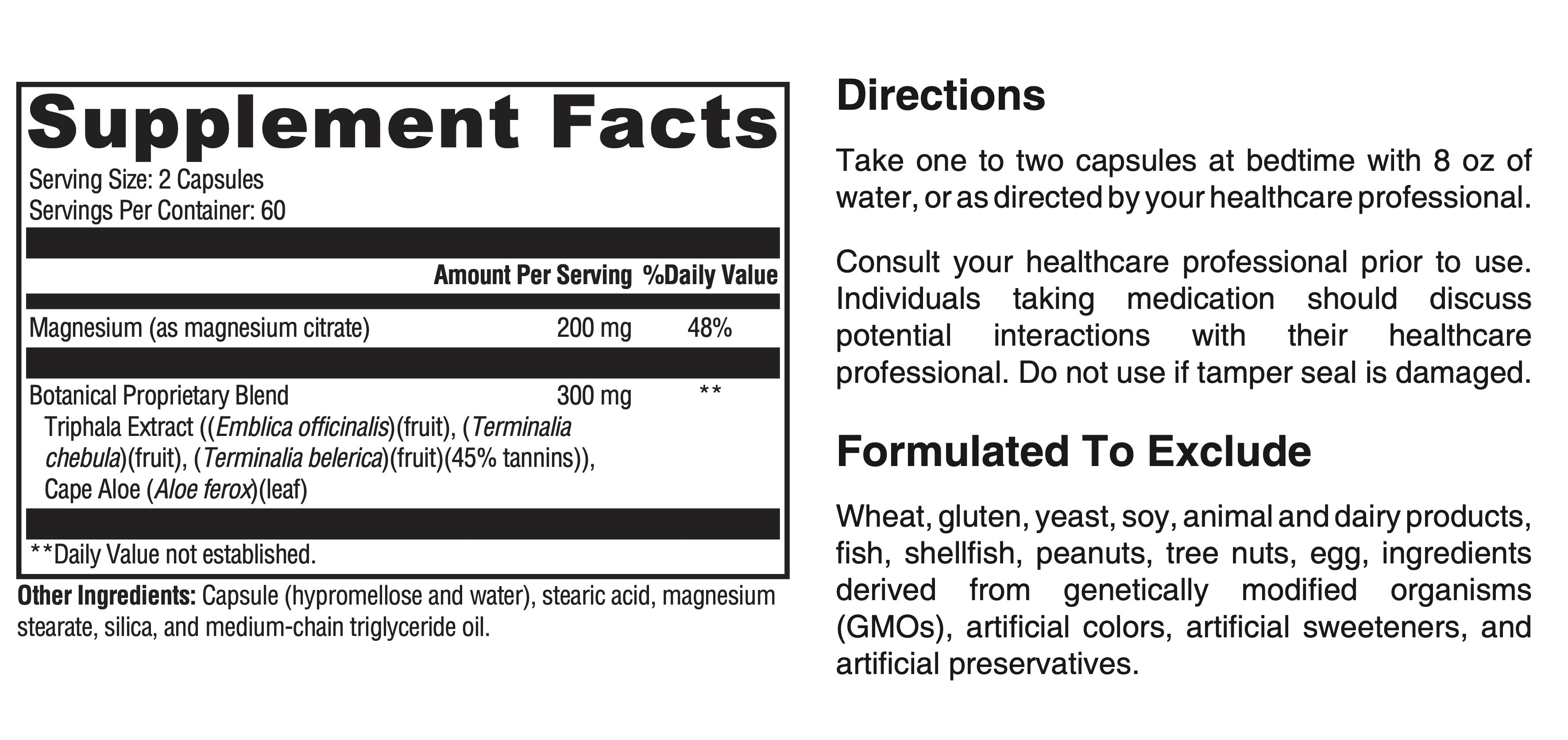 Supplement label with directions and ingredient information on a white background