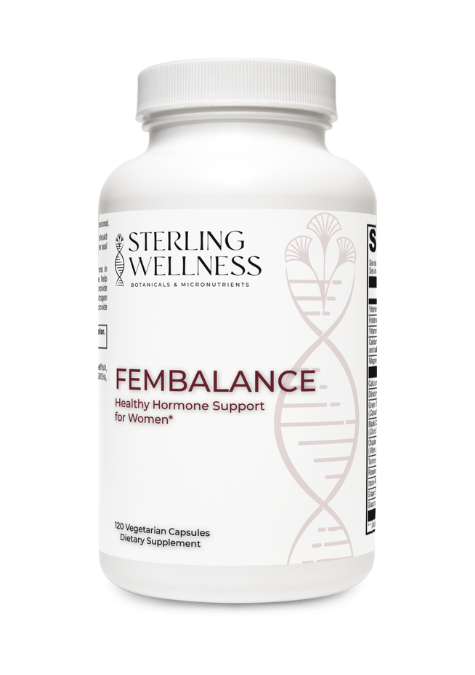 Supplement bottle labeled 'Fembalance' by Sterling Wellness on a white background