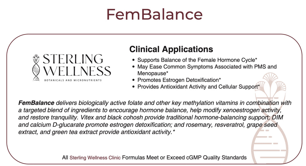 FemBalance product label from Sterling Wellness with clinical applications listed.