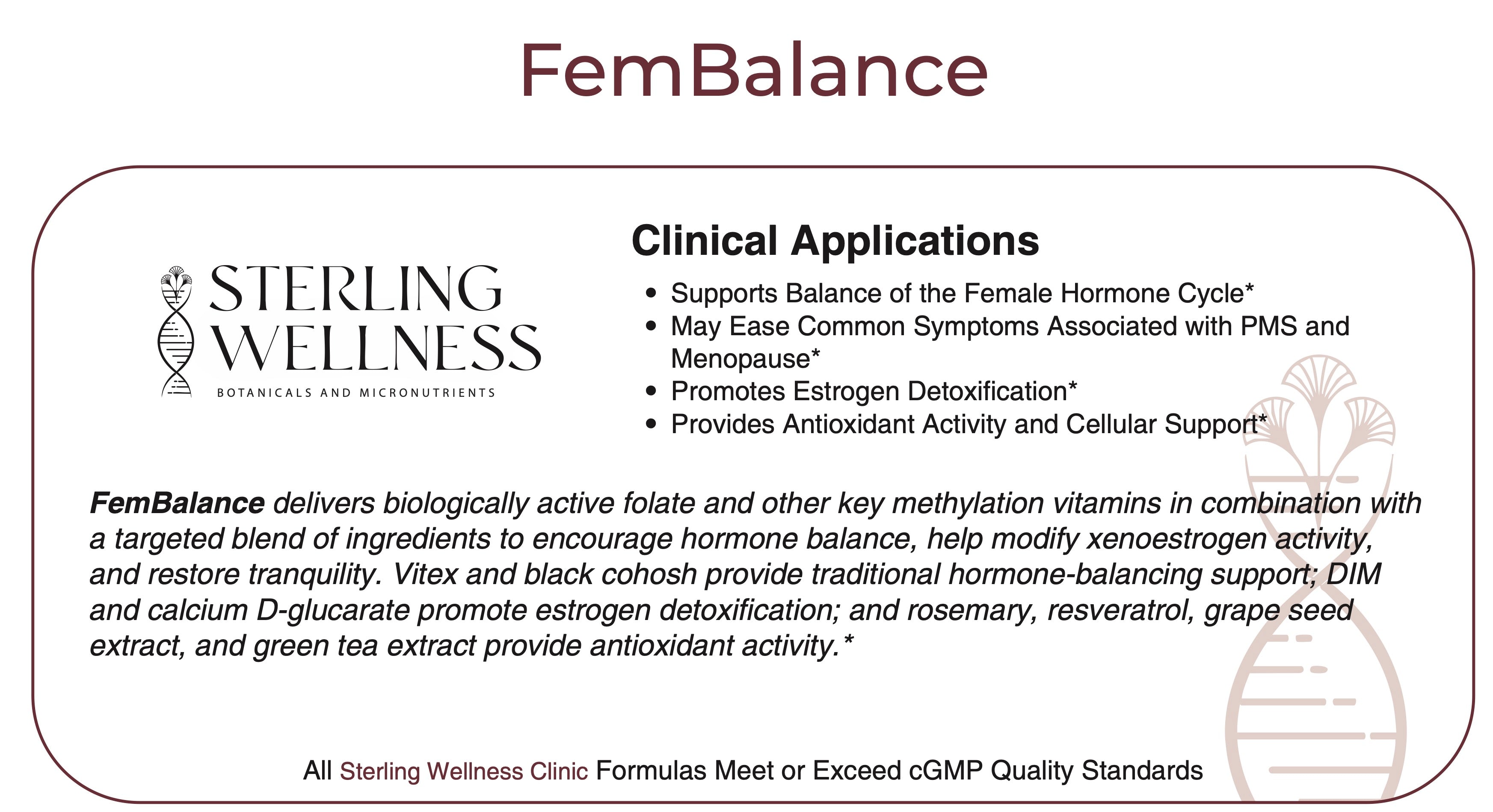 FemBalance product label from Sterling Wellness with clinical applications listed.