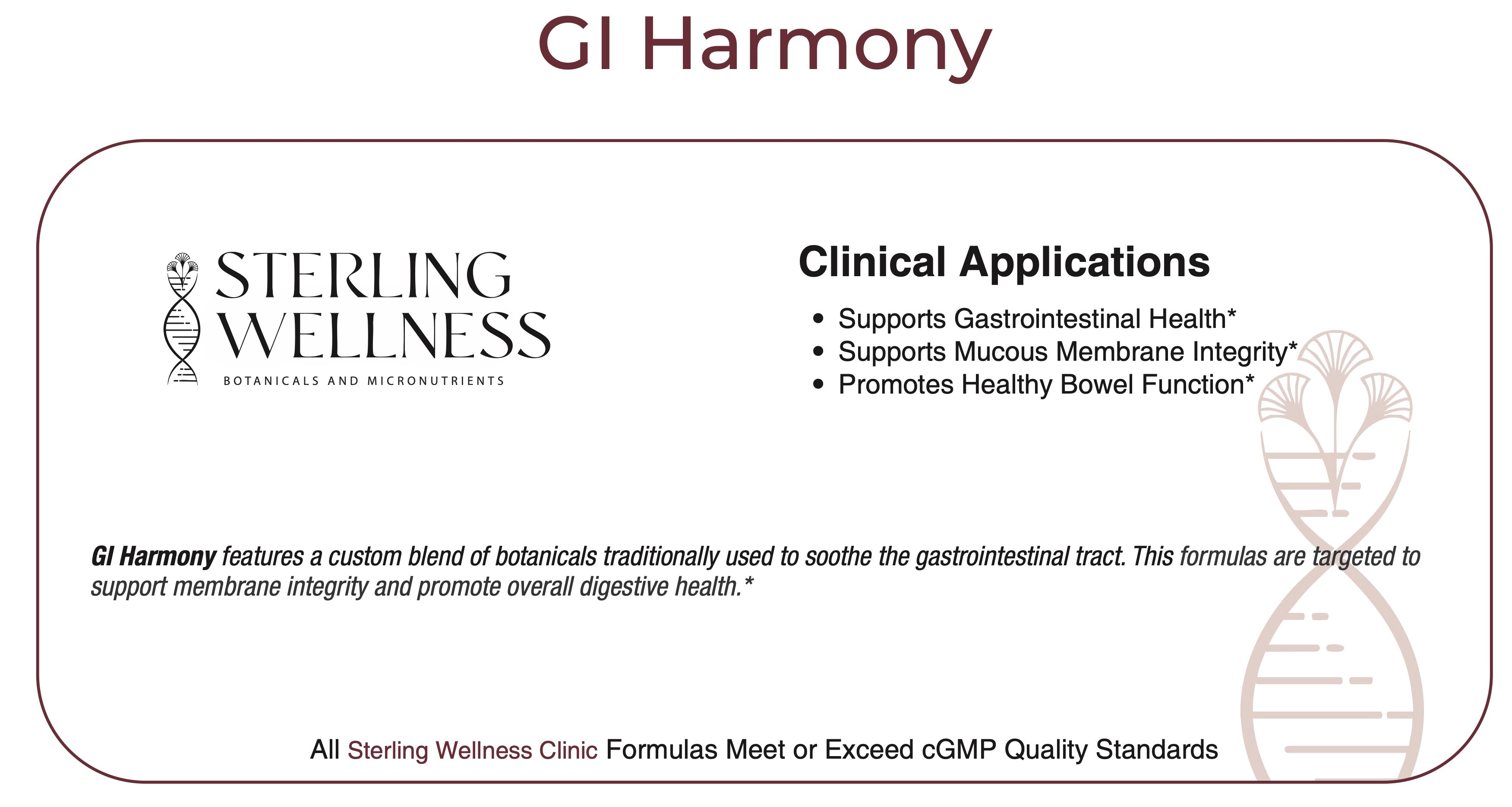 Sterling Wellness GI Harmony product label with text and logo.