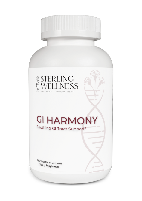 Supplement bottle labeled 'GI Harmony' by Sterling Wellness on a white background