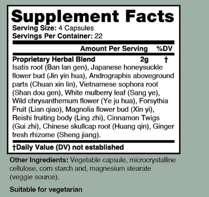 Supplement facts label with proprietary herbal blend on a gray background