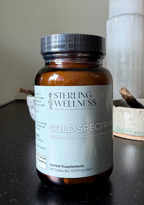 Bottle of Sterling Wellness Gold Spectrum supplement on a dark surface with a blurred background