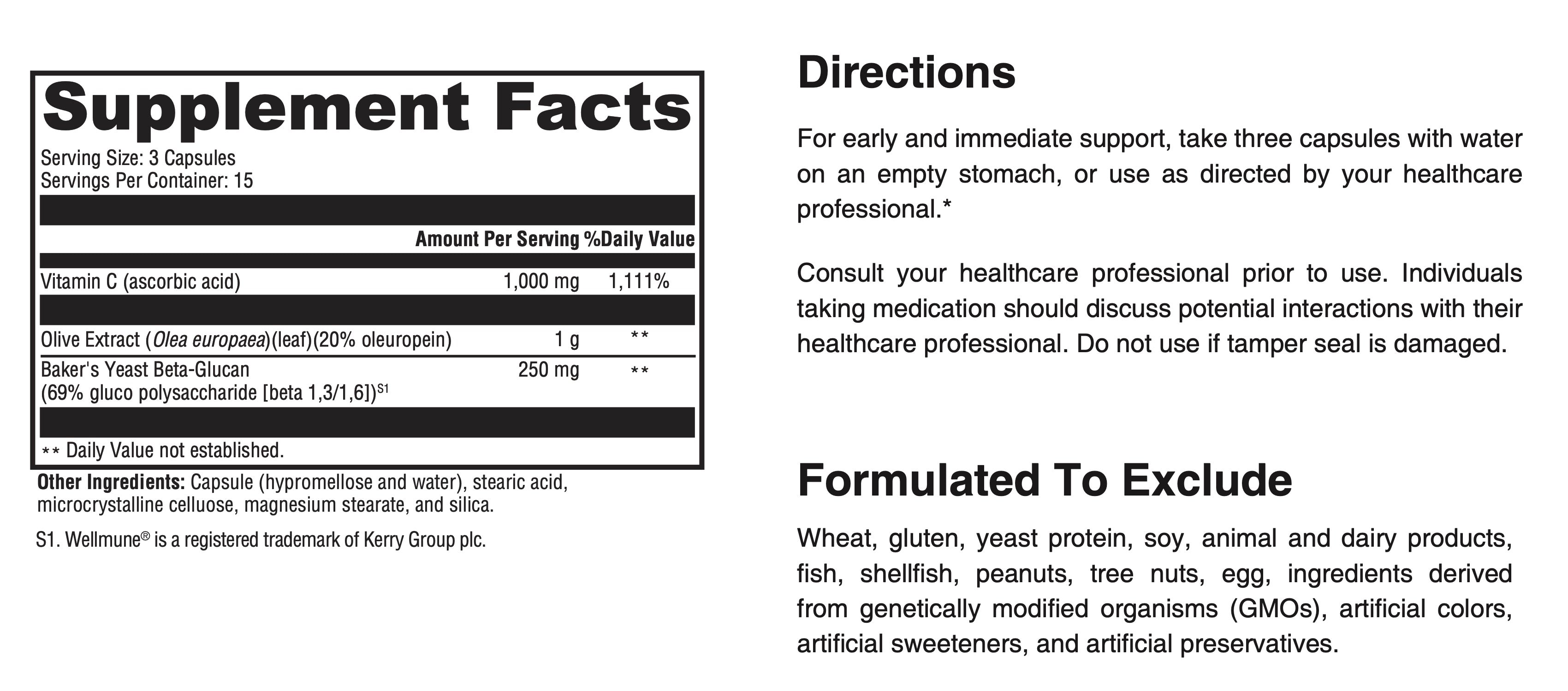 Supplement label with directions and formulation exclusion details.