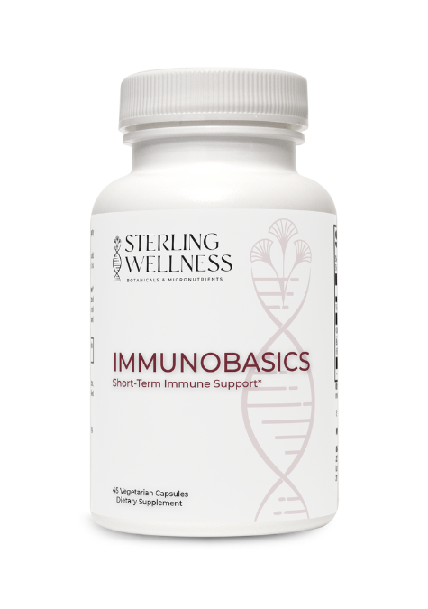 Supplement bottle labeled 'Immunobasics' by Sterling Wellness on a white background