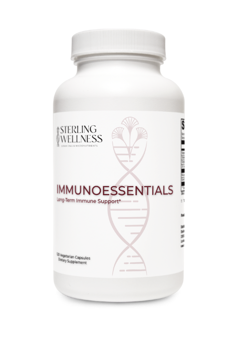 Supplement bottle labeled 'Sterling Wellness Immunoessentials' on a white background