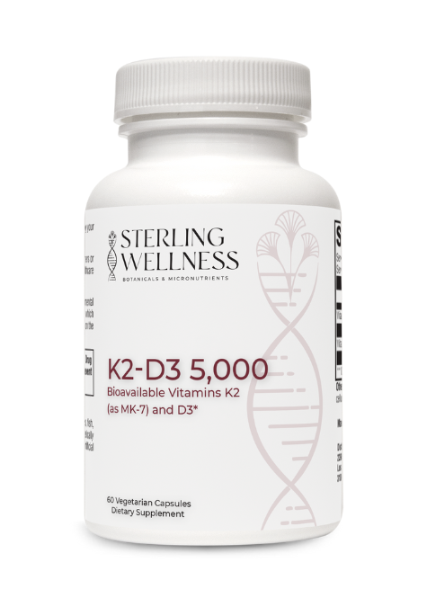 Supplement bottle labeled 'Sterling Wellness K2-D3 5,000' on a white background