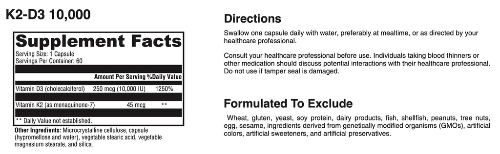 Supplement label with K2-D3 10,000 vitamin information and directions for use.