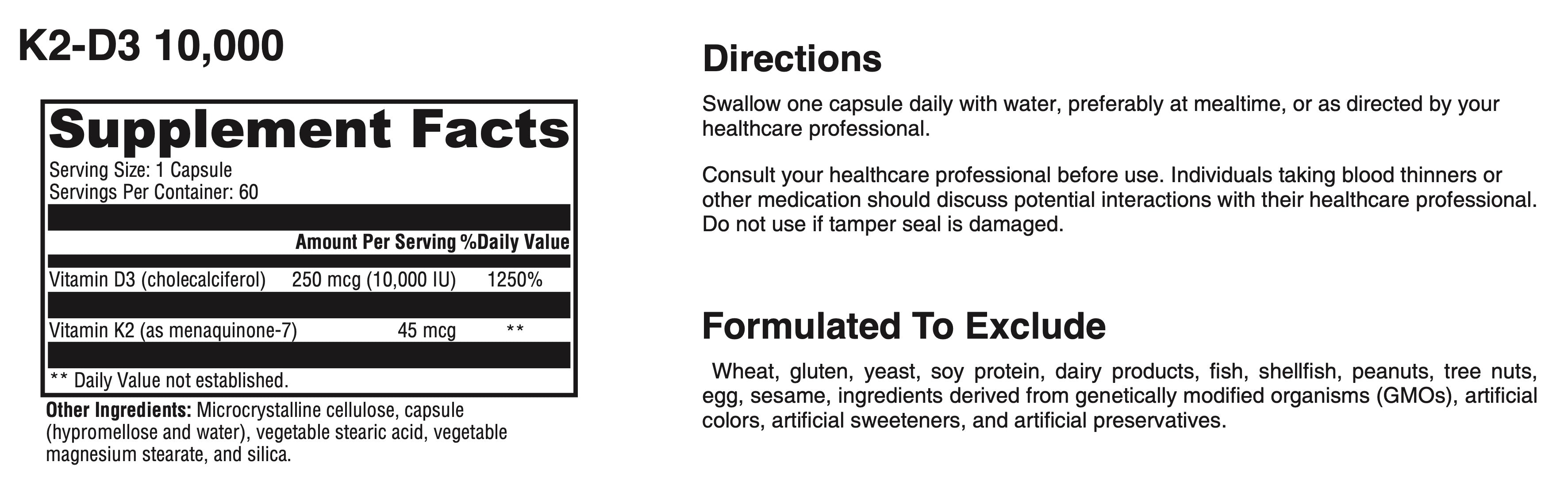 Supplement label with K2-D3 10,000 vitamin information and directions for use.