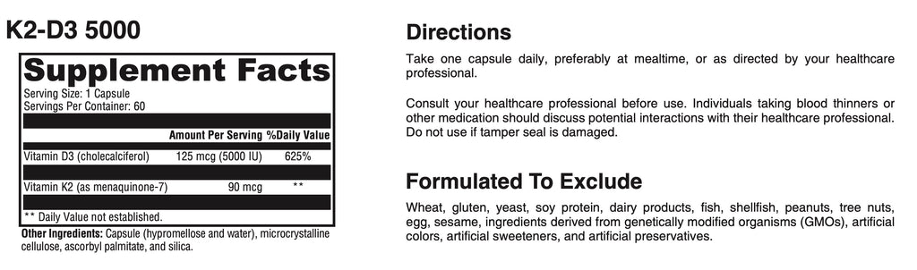 Supplement label with K2-D3 5000 details and directions.