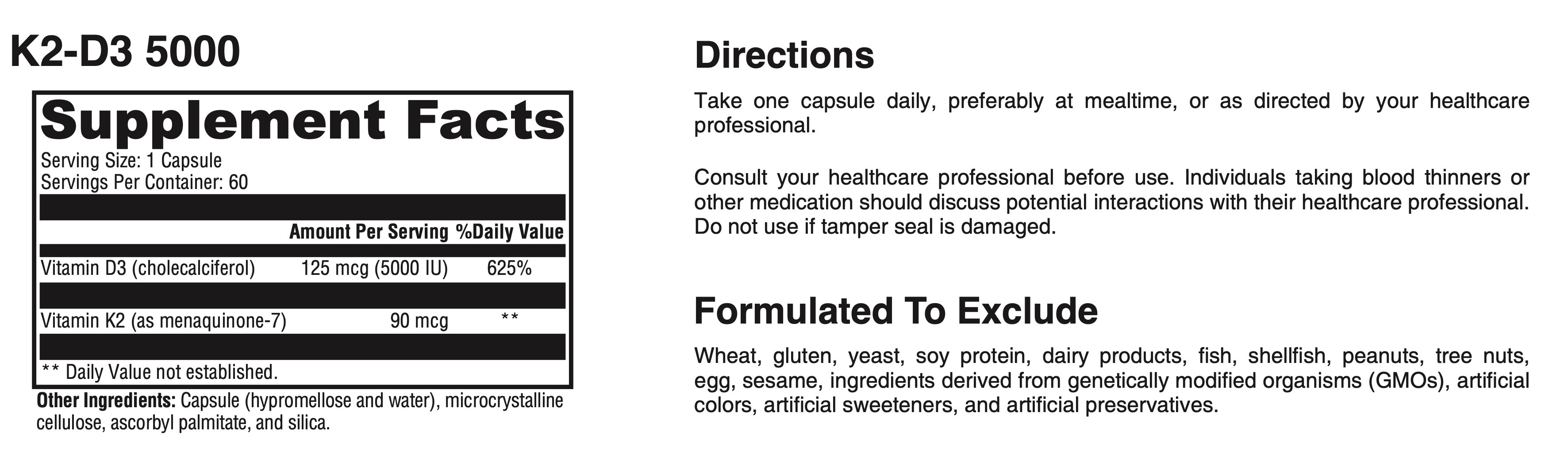 Supplement label with K2-D3 5000 details and directions.