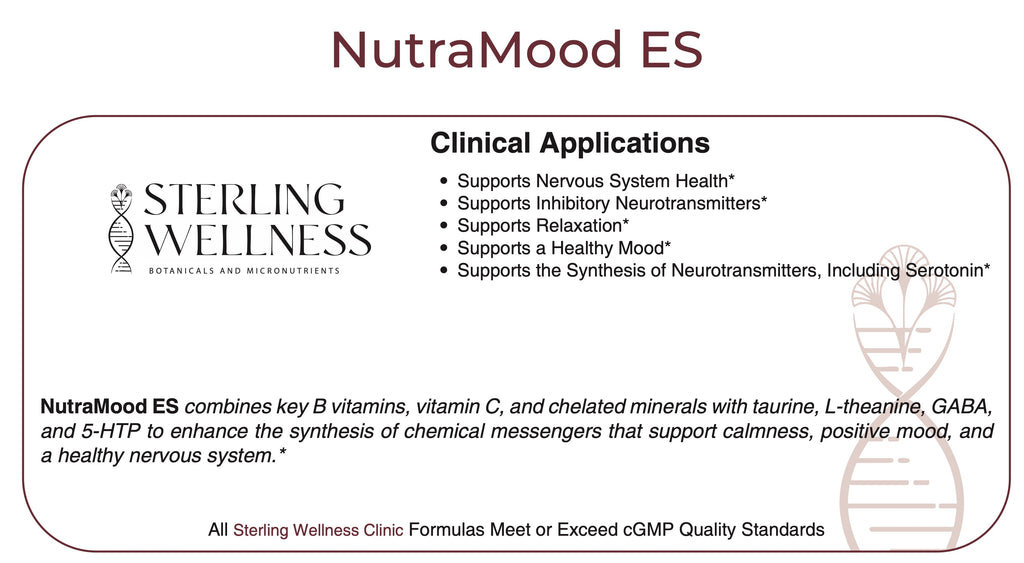 Label for NutraMood ES by Sterling Wellness with clinical applications and product description.