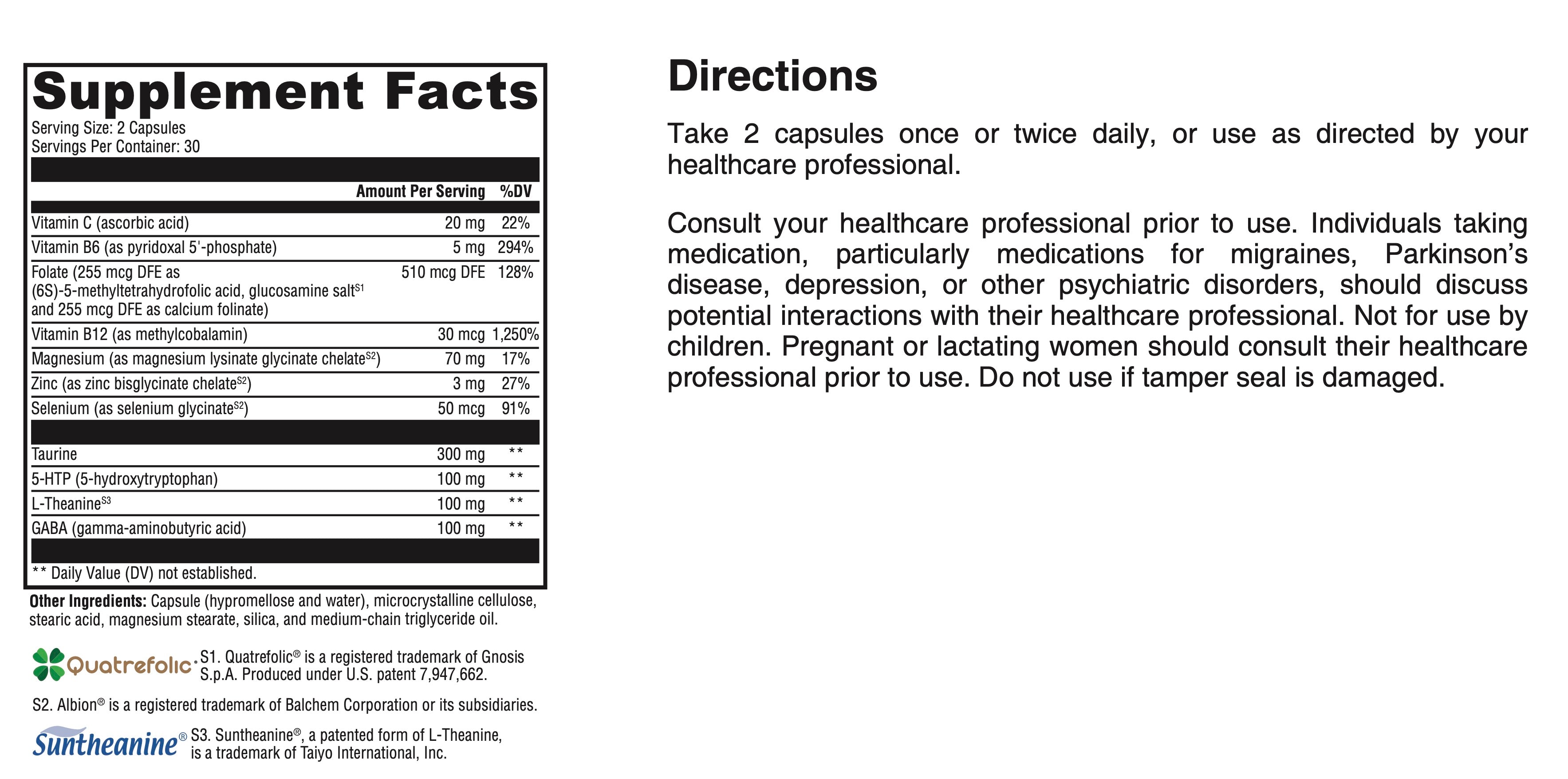 Supplement label with directions and ingredient list on a white background