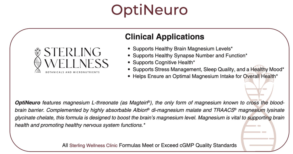 OptiNeuro product label with Sterling Wellness branding and clinical applications listed.