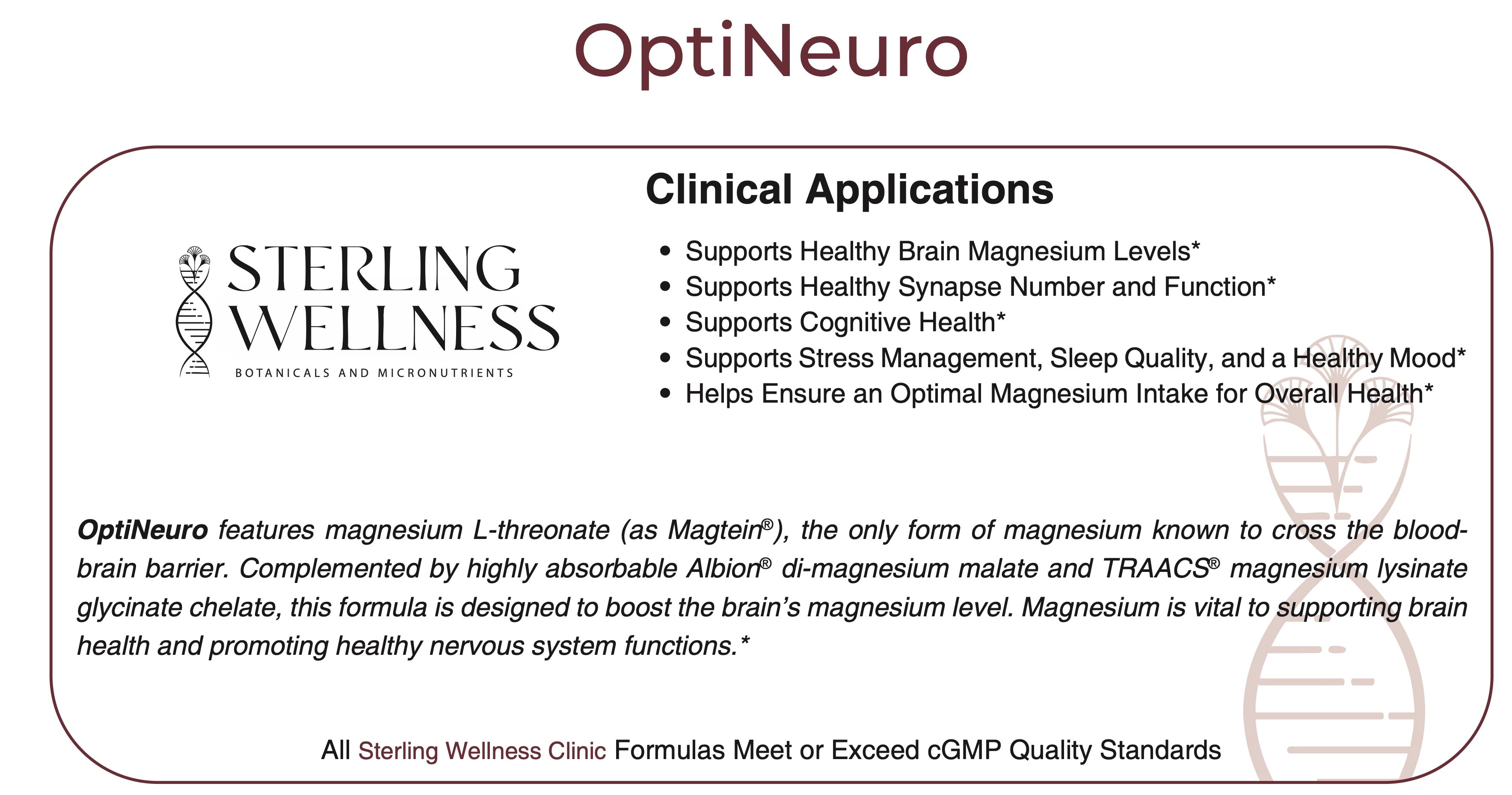 OptiNeuro product label with Sterling Wellness branding and clinical applications listed.