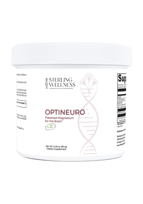 Supplement container labeled 'Optineuro' by Sterling Wellness on a white background